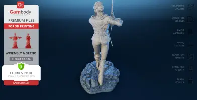 A 3D printed figure of a warrior woman with a sword, standing on a rocky base, shown from the back.