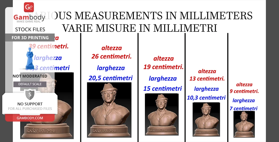 Rocky Balboa bust models in various sizes, labeled with height and width in centimeters.