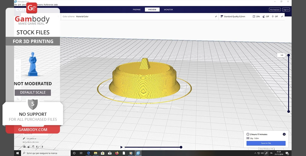 3D printing interface showing yellow disk model on grid, labeled for Gambody STL file.