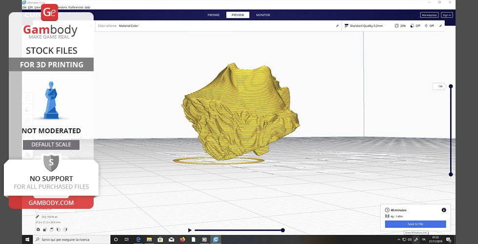 A 3D model preview of an untextured bust for 3D printing, shown in slicing software.