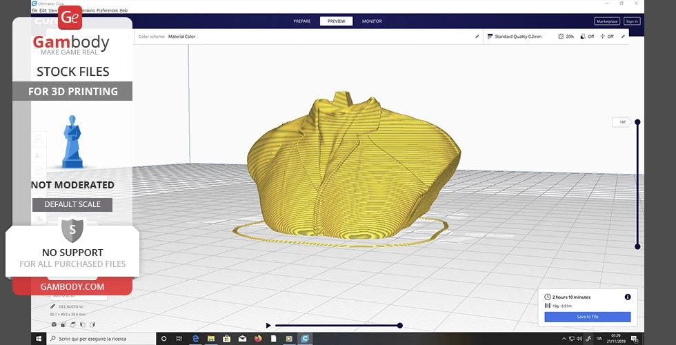 3D print preview of a bust with detailed curves and contours on a virtual grid platform.