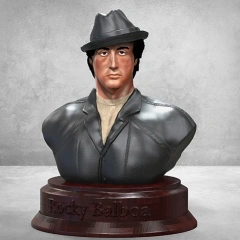 Bust of a man in a hat and leather jacket on a round base, designed for 3D printing.