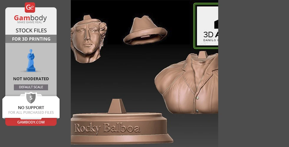 3D printable bust parts of a character, including head, hat, torso, and base labeled 'Rocky Balboa.'