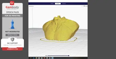 A 3D printing preview of a bust with visible horizontal layers and a broad base on a grid background.