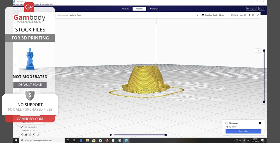 A 3D model preview of a hat's top section, displayed in slicing software.