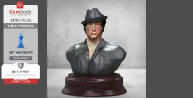 A 3D printable bust of a man in a jacket and fedora on a base labeled 'Rocky Balboa'.