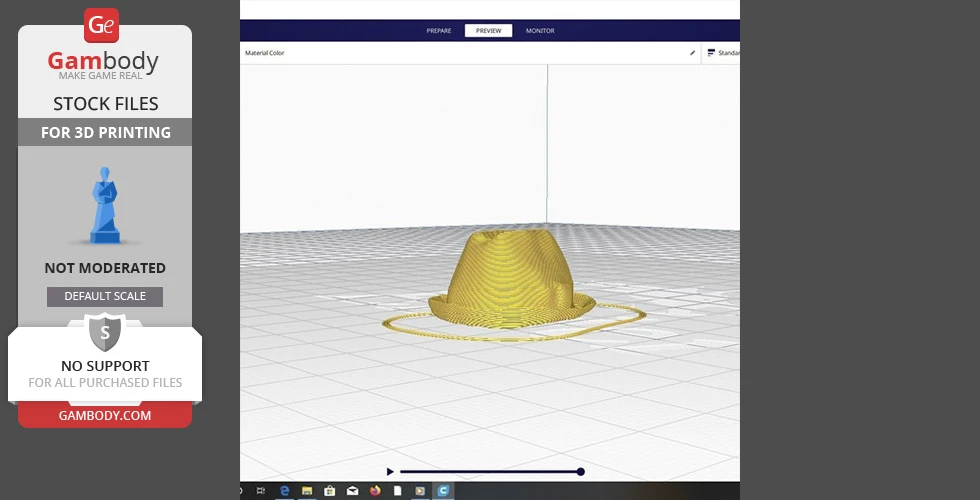A 3D model preview of a wide-brimmed hat designed for 3D printing, displayed on a grid surface.
