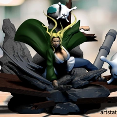A dynamic 3D model of a female character with flowing hair, a green cloak, and a debris-strewn base.