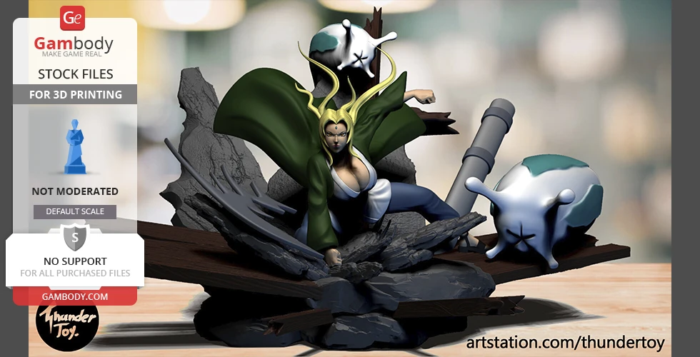 A detailed 3D model of Tsunade from Naruto in action pose, surrounded by rocks and scrolls for 3D printing.