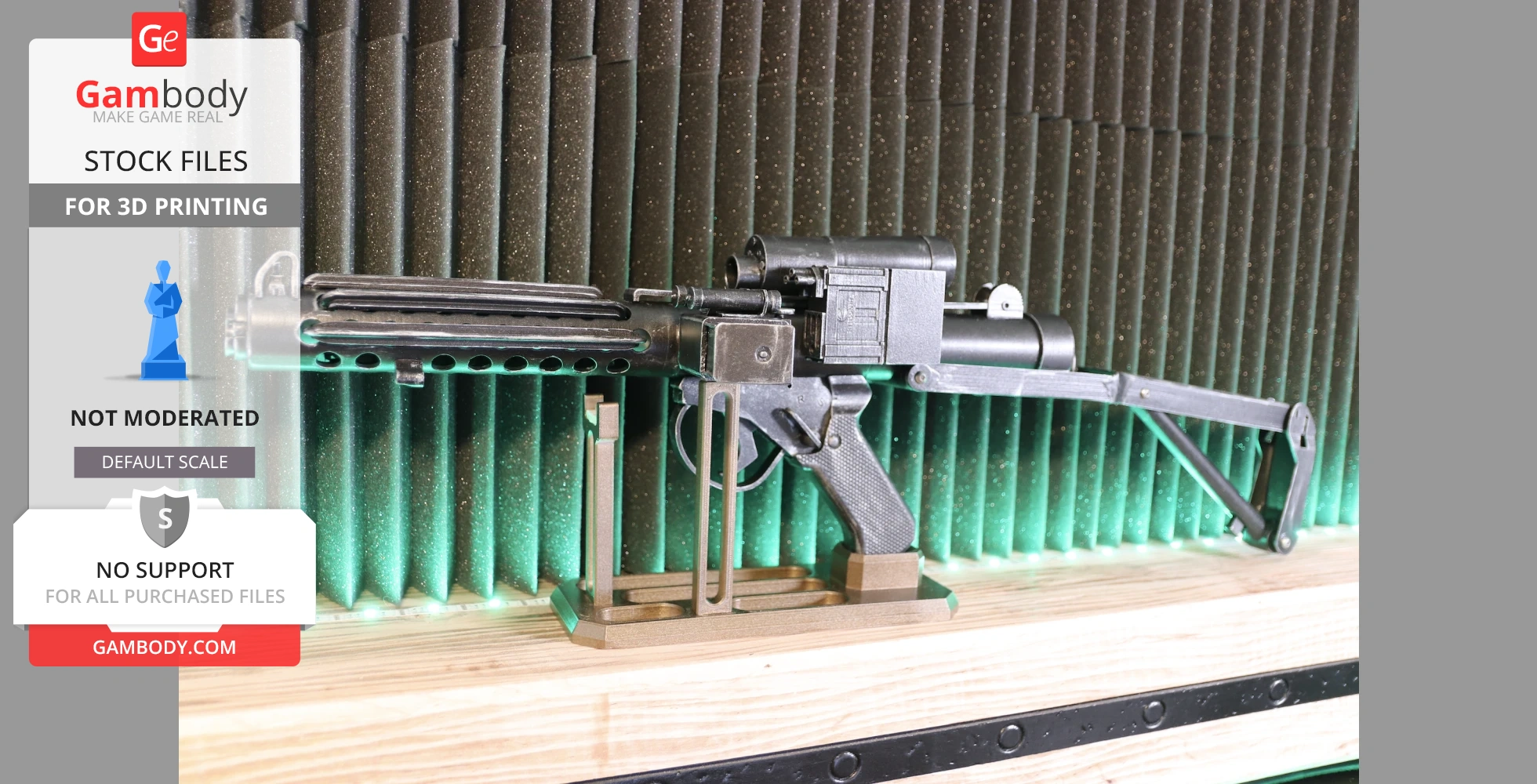 A detailed 3D model of a Stormtrooper E-11 blaster rifle on a stand, ready for 3D printing.