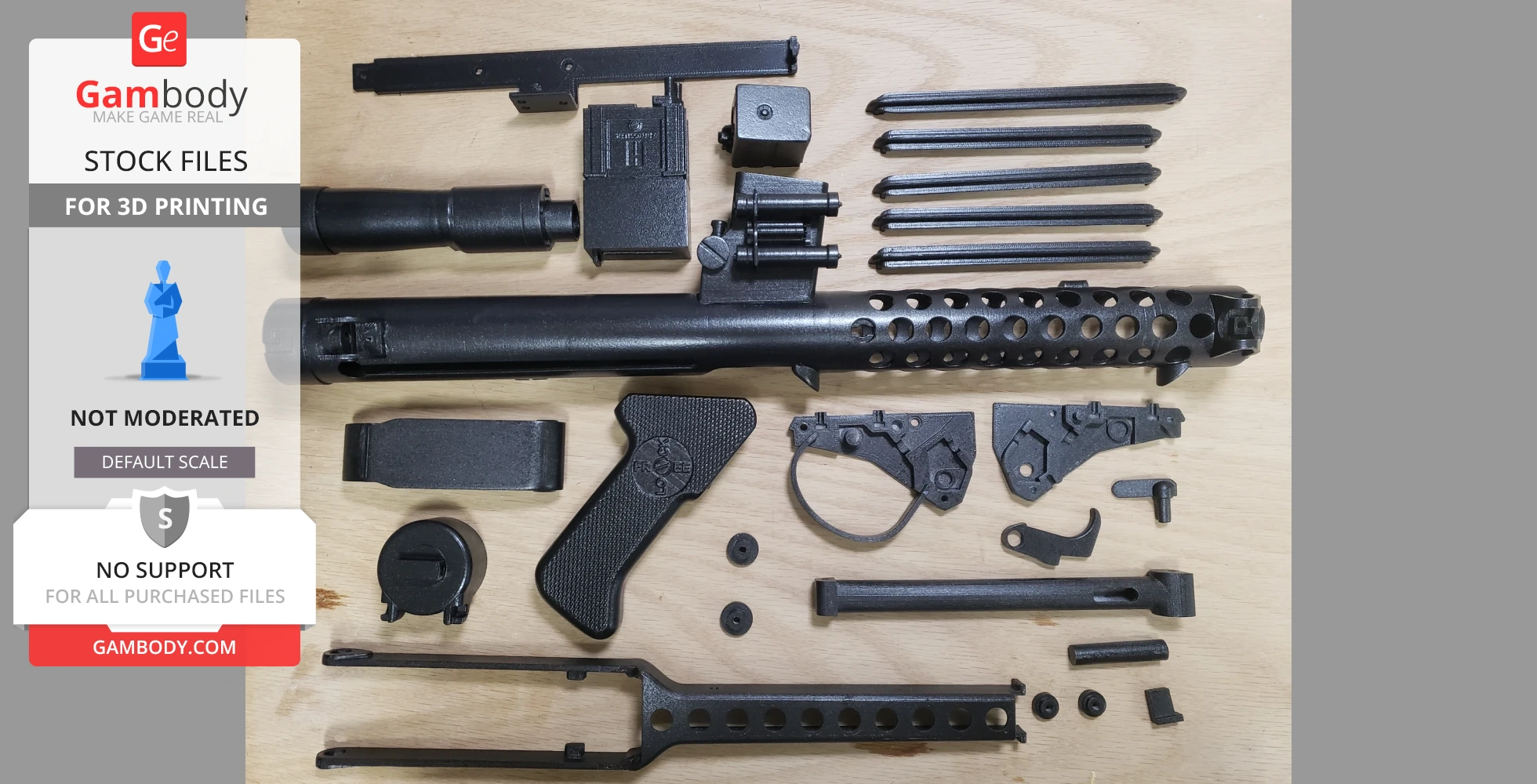 Disassembled 3D printed parts of a Stormtrooper E-11 blaster, laid out on a wooden surface.