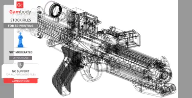 Wireframe design of a Stormtrooper E-11 blaster for 3D printing.