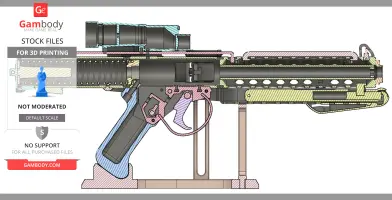 Cross-section diagram of a detailed E-11 blaster model for 3D printing.