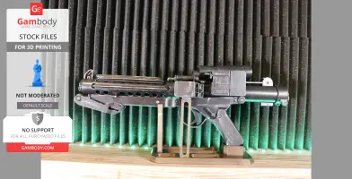 3D printed model of a Stormtrooper's E-11 blaster on display with a green and black background.