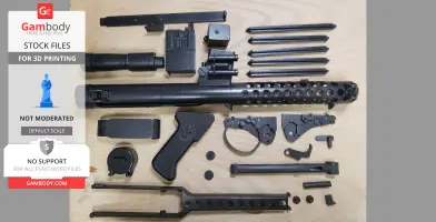 Disassembled 3D printed parts of a Stormtrooper E-11 blaster, laid out on a wooden surface.