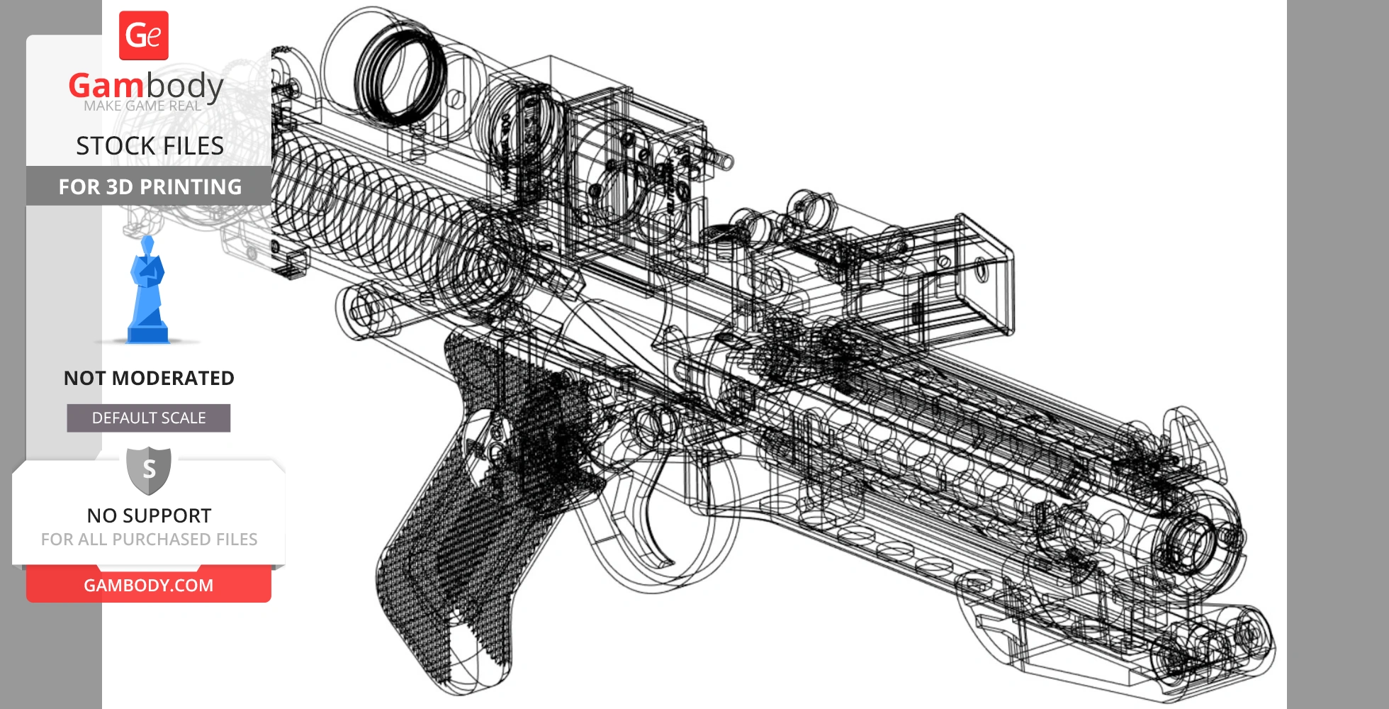 Wireframe design of a Stormtrooper E-11 blaster for 3D printing.