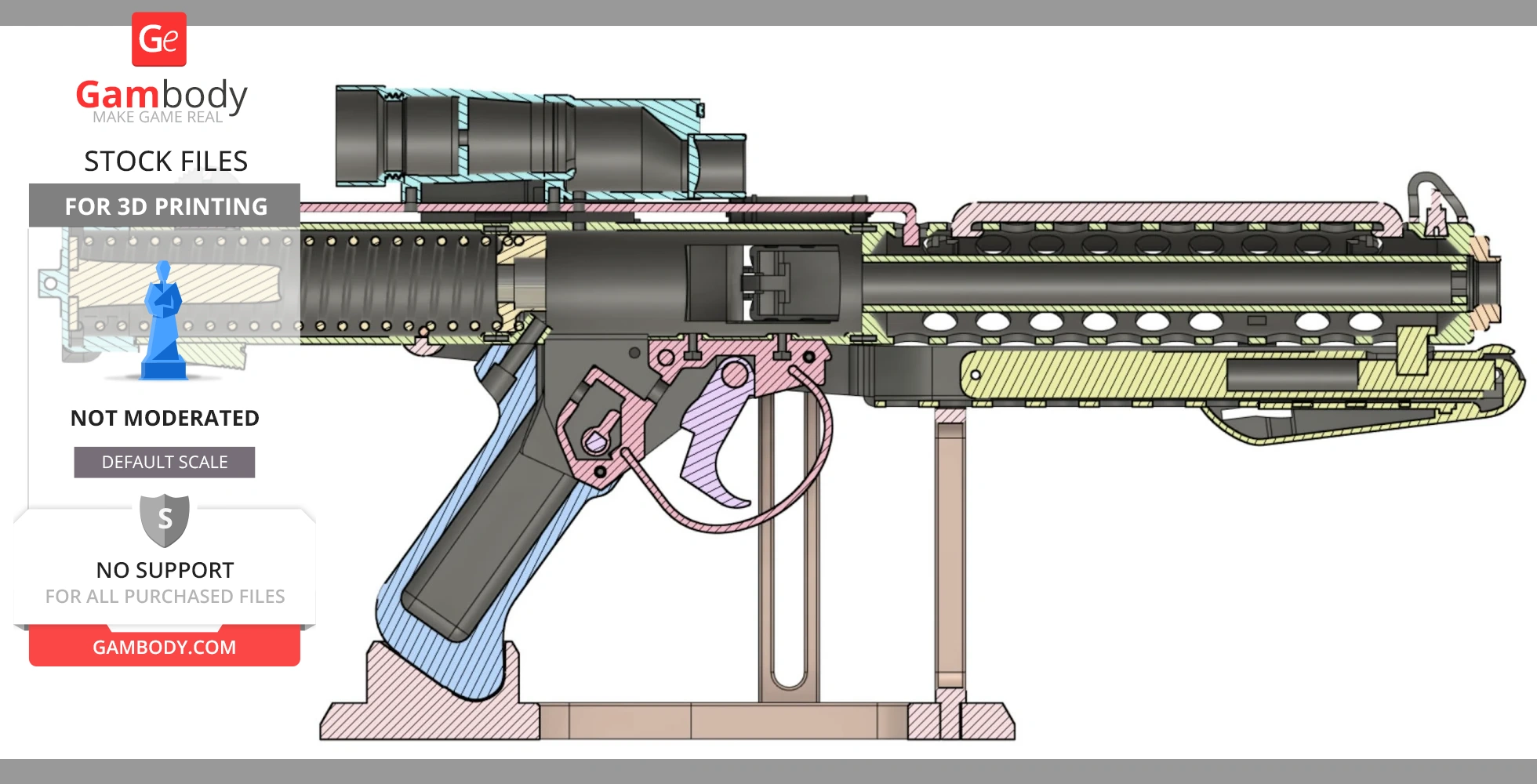 Cross-section diagram of a detailed E-11 blaster model for 3D printing.