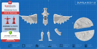 3D printing parts of a creature with wings, body, legs, and two circular bases, labeled for assembly.