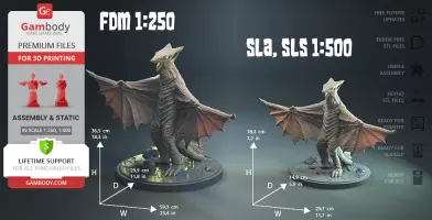 Two 3D printed models of a dragon-like creature with wings displayed at different scales.