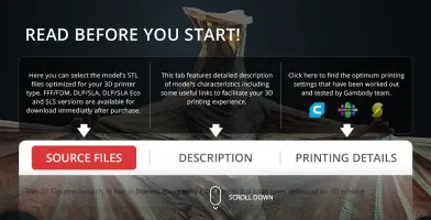 Gyaos 3D model download screen with tabs for source files, description, and printing details.