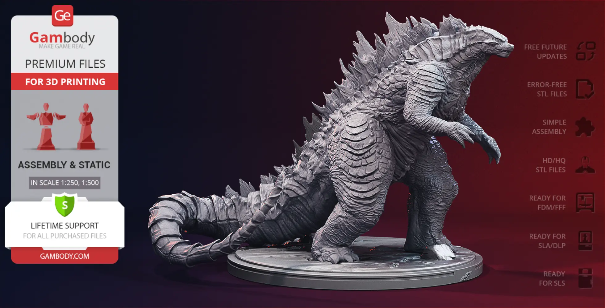 A detailed 3D model of Godzilla, standing on a round base, for 3D printing.