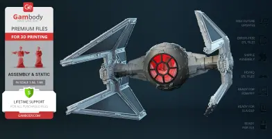 A detailed 3D model of a TIE Interceptor spaceship for printing, featuring prominent wings and cockpit design.