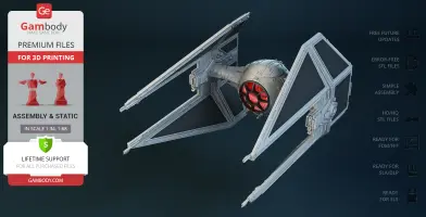A detailed 3D model of a TIE Interceptor spaceship for 3D printing, with promotional text.