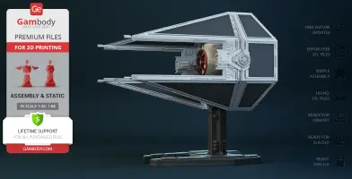 A detailed 3D model of a TIE Interceptor on a display stand, ready for 3D printing.