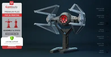 3D model of a TIE Interceptor on a display stand, designed for 3D printing by Gambody.