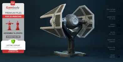 A detailed 3D model of a TIE Interceptor on a display stand for 3D printing.