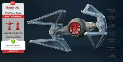 3D model of a TIE Interceptor spacecraft with detailed wings and red cockpit, ready for 3D printing.
