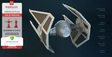 3D model of a TIE Interceptor spacecraft featuring angular wings and a spherical cockpit.