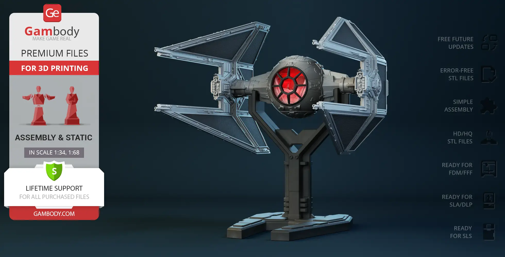 3D model of a TIE Interceptor on a display stand, designed for 3D printing by Gambody.