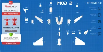 Blueprint layout of Hyperion M-03 parts for 3D printing assembly, labeled for MOD 2 configuration.