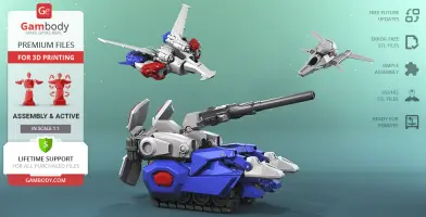 3D model of futuristic blue and silver tank with turret and two flying ships in a promotional display.