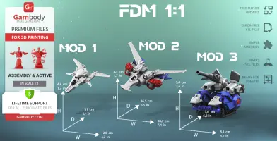 Three 3D models: Mod 1 (jet), Mod 2 (futuristic jet), Mod 3 (tank), with sizes for 3D printing by Gambody.