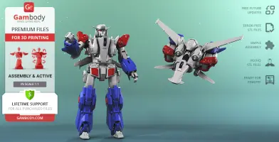 Model of a blue and red mech robot and matching spacecraft for 3D printing.