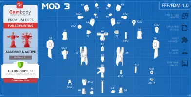 Exploded view of 3D model parts for Hyperion M-03, displayed on a blueprint-style background.