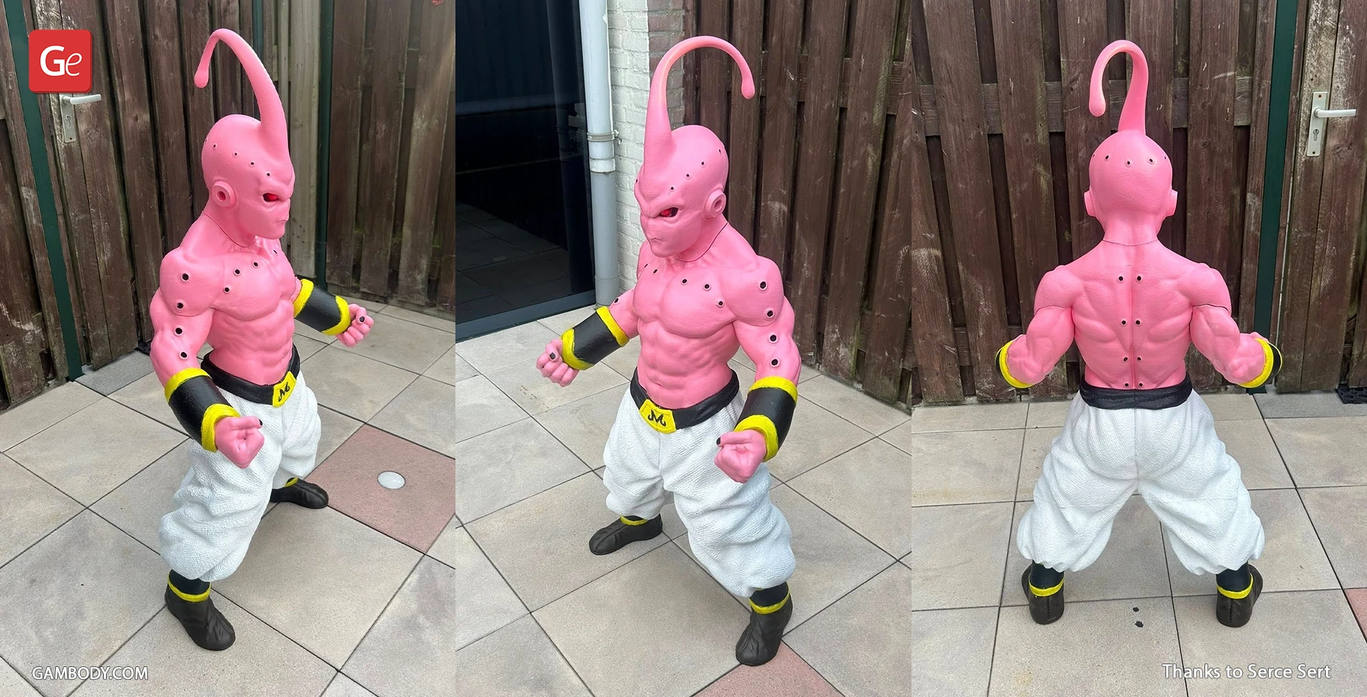 Pink humanoid figure with muscular build, white pants, black boots, and a distinctive head crest.
