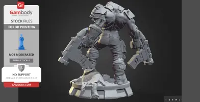 Orc cyborg with mechanical arms and armor, standing on a rocky base, ready for 3D printing.