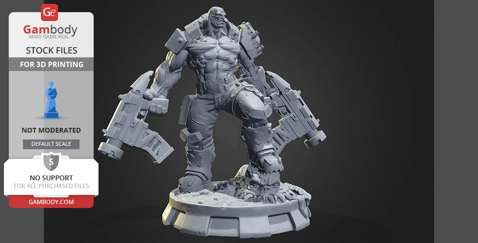 Cyborg orc figure with mechanical arms on a detailed base, designed for 3D printing.