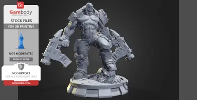 Cyborg orc figure with mechanical arms on a detailed base, designed for 3D printing.