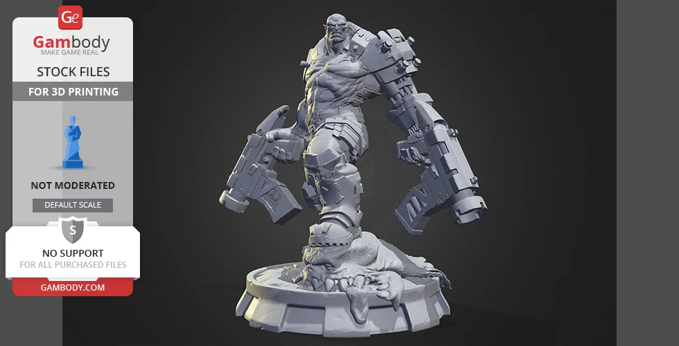 A 3D model of a muscular orc cyborg with mechanical arms and a base for printing.