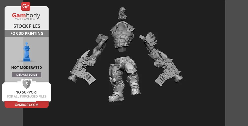 A rugged orc cyborg figure with cybernetic arms and armor, designed for 3D printing.