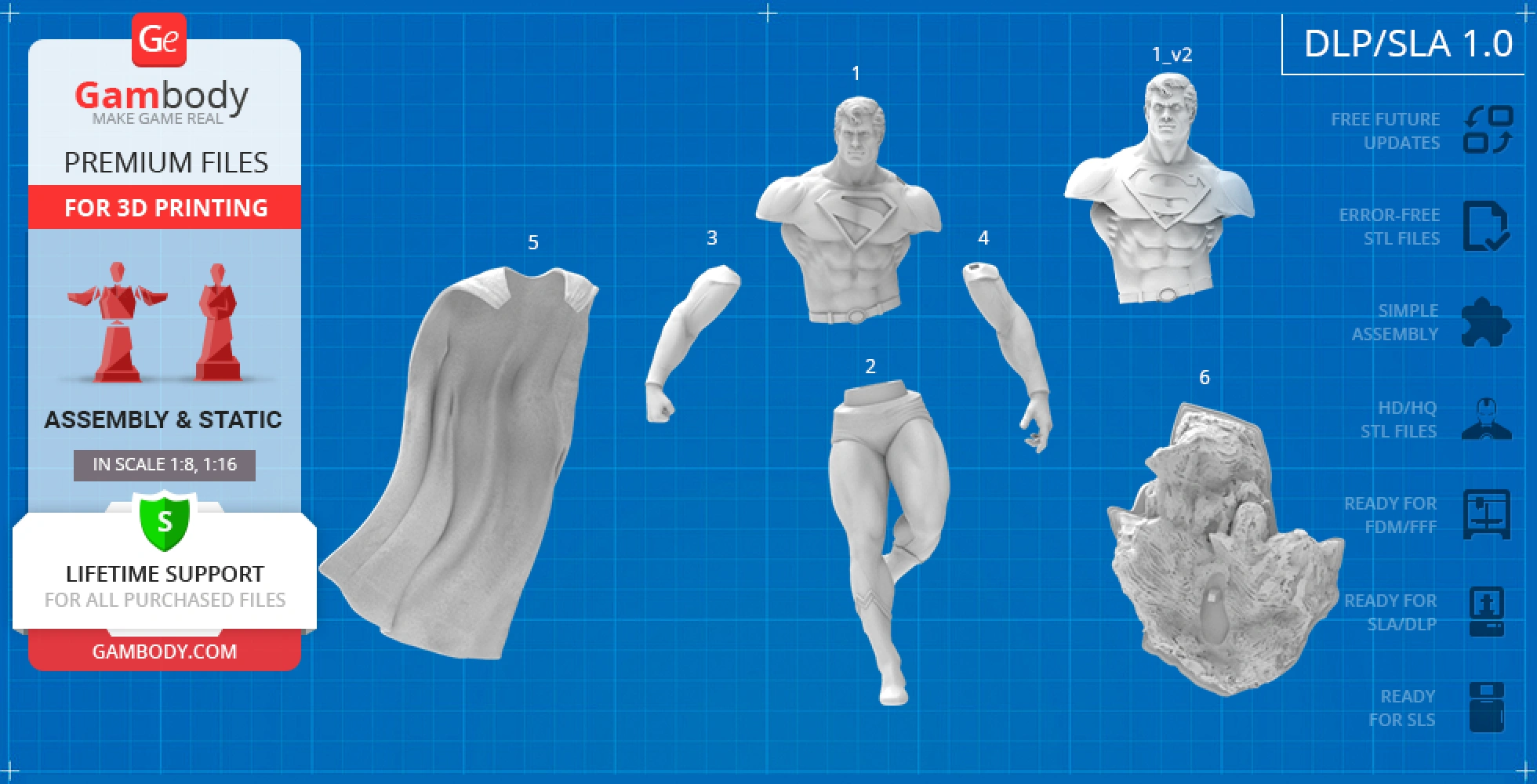 3D printable Superman model in parts: torso, arms, legs, cape, and a base, on a blueprint background.