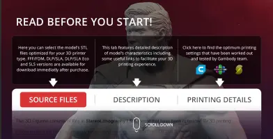 3D model of a classic superhero with instructions for selecting, describing, and printing STL files.