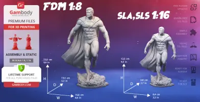A 3D model of a superhero in a classic pose, with a cape, standing on a textured base for printing.