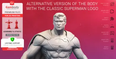 3D model of classic superhero with 'S' logo, displayed for 3D printing; assembly and static options.
