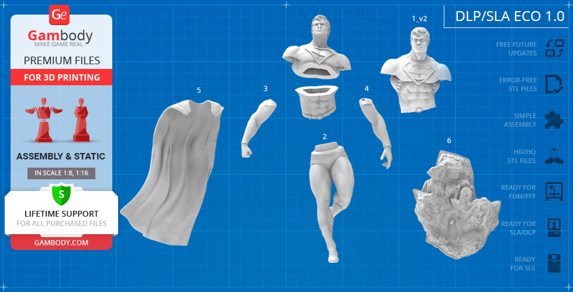 3D printed Superman model parts: head, torso, arms, legs, cape, and base on a blueprint background.
