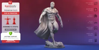 3D model of a classic superhero standing on a rocky base, ready for 3D printing.